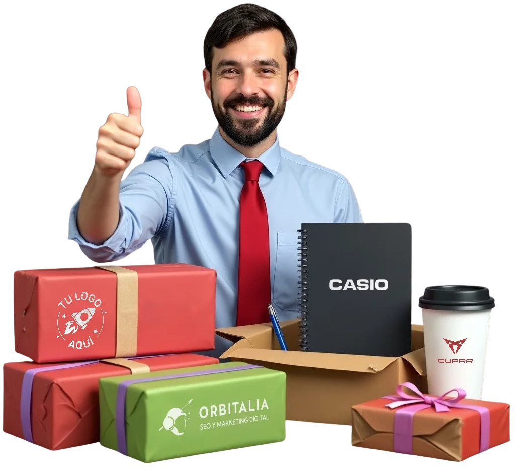 Hombre sonriente presenta regalos corporativos personalizados con el pulgar arriba.