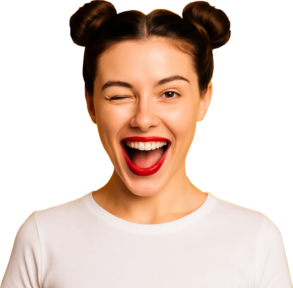 Mujer guiñando un ojo y riendo a carcajadas con labios rojos y moños.
