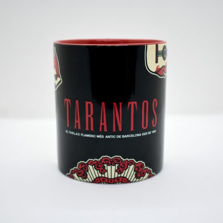 Taza negra con diseño flamenco "Tarantos" en rojo y blanco.