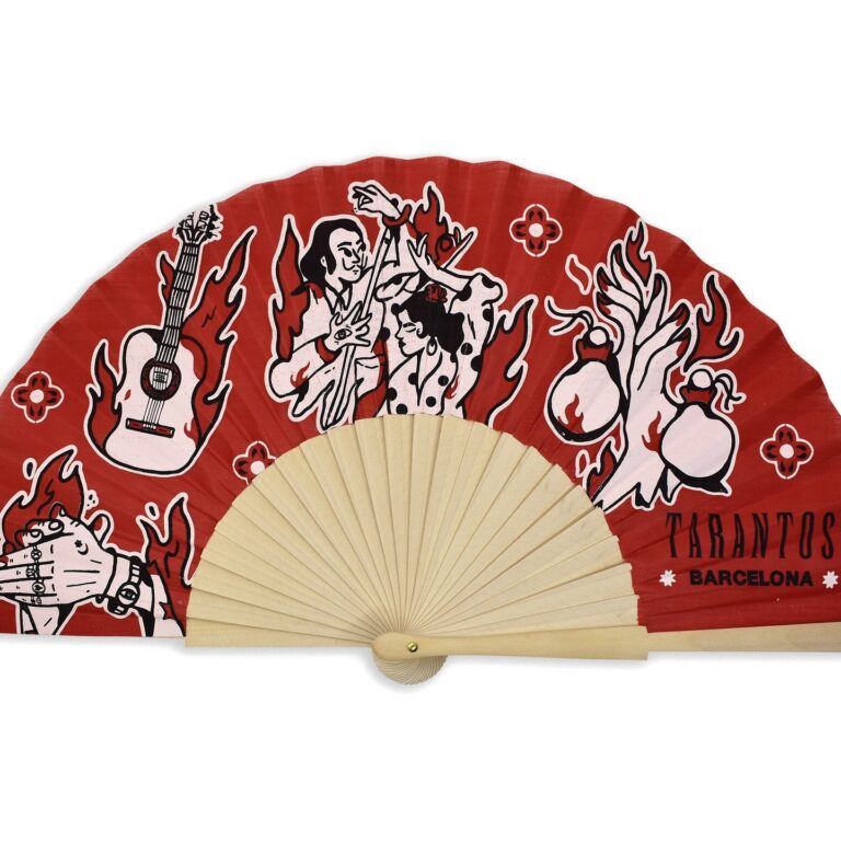 Abanico rojo con motivos de flamenco y el texto "Tarantos Barcelona".