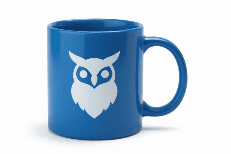 Taza azul con un búho blanco.