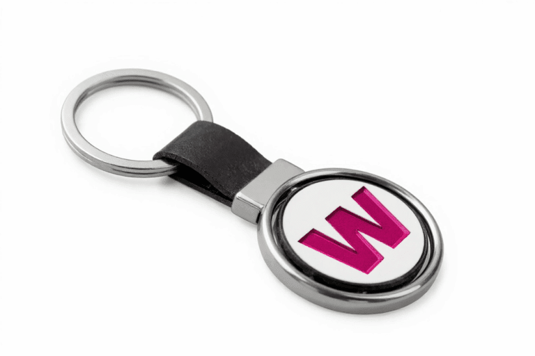 Un llavero con una "W" rosa sobre un fondo blanco y un aro metálico.
