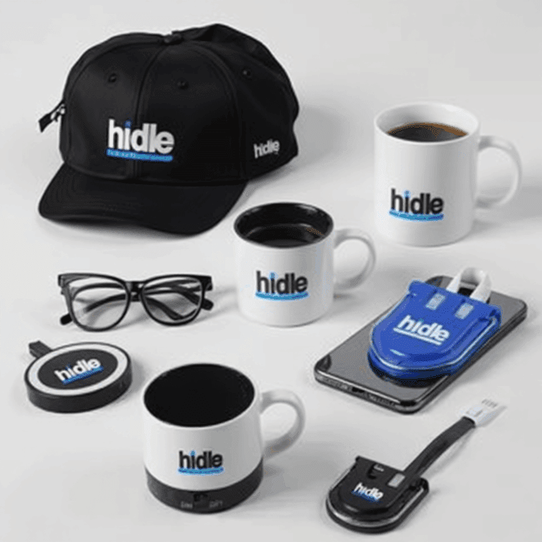Varios artículos promocionales con el logo "hidle" sobre una superficie blanca.