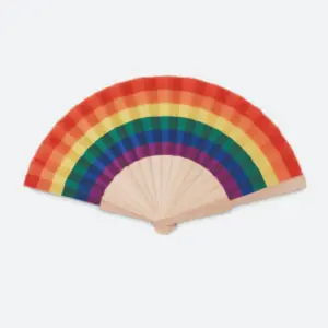 Abanico de colores arcoíris personalizado con logo, ideal para promociones, eventos y regalos publicitarios para empresas.