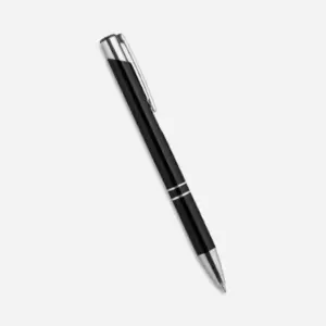 Bolígrafo negro personalizado con logo, ideal para regalos publicitarios en eventos, promociones y branding empresarial.