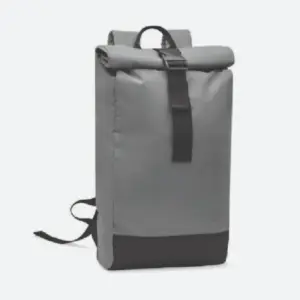 Mochila publicitaria personalizada en gris, ideal para promociones y eventos, con espacio para logo de empresa.
