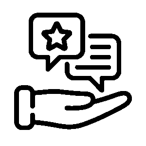 La imagen muestra un icono lineal de una mano abierta que sostiene dos burbujas de diálogo. Una burbuja contiene una estrella, mientras que la otra muestra tres líneas horizontales, sugiriendo texto. El icono podría representar comentarios, reseñas o valoraciones positivas.