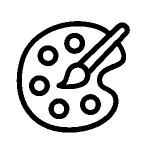 La imagen muestra un icono de una paleta de pintura con un pincel encima. La paleta tiene varios círculos que representan los colores. Todo el diseño está delineado en negro sobre un fondo verde oscuro.