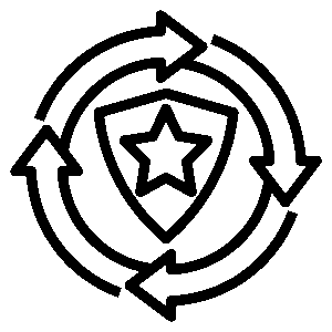 La imagen muestra un escudo con una estrella en el centro, rodeado por un círculo de flechas que giran en sentido horario. El diseño es simple y utiliza líneas negras sobre un fondo verde.