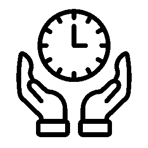 La imagen muestra un icono de dos manos ahuecadas que sostienen un reloj. El reloj muestra la hora como la 1:00. El estilo es simple y lineal, con un fondo verde oscuro.