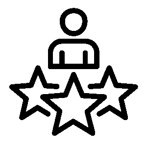 La imagen muestra un icono lineal de una persona con tres estrellas debajo. La persona está representada de forma esquemática con un círculo para la cabeza y un rectángulo para el cuerpo. Las estrellas son de cinco puntas y están dispuestas en una línea horizontal.