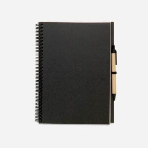 Cuaderno espiral negro con bolígrafo, ideal para regalos publicitarios personalizados en eventos y promociones empresariales.