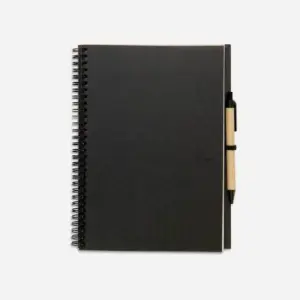 Cuaderno espiral negro con bolígrafo, ideal para regalos publicitarios personalizados de empresas en eventos y promociones.