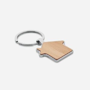 Llavero personalizado en forma de casa, ideal para promociones y eventos de empresas, con logo para máxima visibilidad.