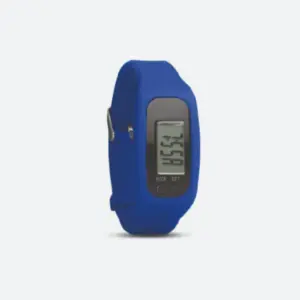 Reloj digital personalizado en color azul, ideal para promociones y eventos corporativos con logo de empresa.