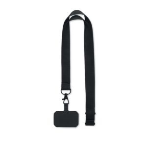 Lanyard negro personalizado con logo ideal para eventos, promociones y regalos publicitarios para empresas.