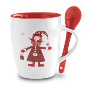 Taza navideña personalizada con logo, ideal para promociones y eventos empresariales. Regalos publicitarios únicos y festivos.