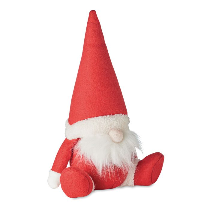 Gnome navideño de peluche personalizado con logo, ideal para regalos publicitarios en promociones y eventos festivos.