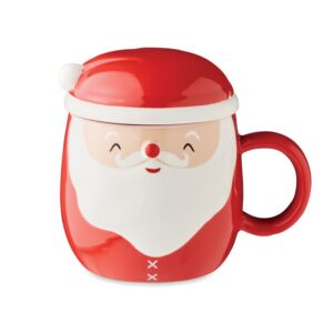 Taza navideña personalizada con diseño de Santa Claus, ideal para regalos publicitarios en promociones y eventos empresariales.