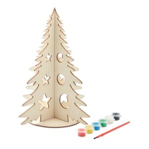 Árbol de Navidad de madera para pintar, ideal como regalo publicitario personalizado para empresas y eventos navideños.