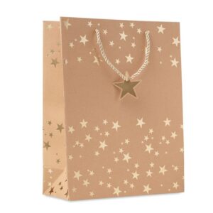 Bolsa de papel con diseño de estrellas, ideal para regalos publicitarios personalizados con logo en eventos y promociones.