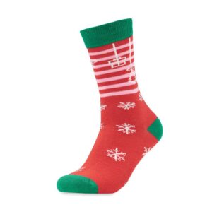 Calcetines navideños personalizados con logo, ideales como regalos publicitarios para empresas y promociones en eventos.