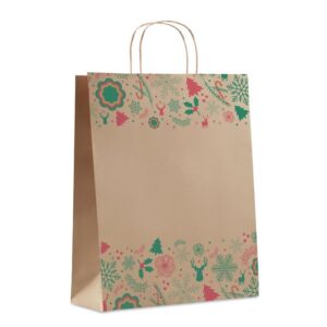 Bolsa de papel kraft decorada, ideal para regalos publicitarios personalizados en empresas, promociones y eventos especiales.