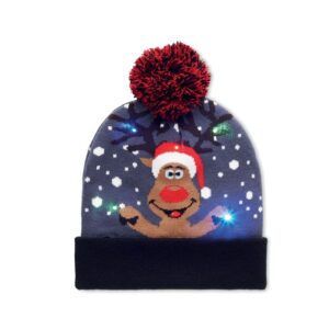 Gorro navideño con luces y diseño divertido, ideal como regalo publicitario personalizado para empresas y eventos promocionales.