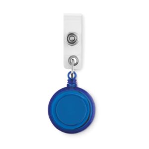 Retractor de identificación azul personalizado, ideal para promociones y eventos corporativos con logo de empresa.