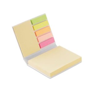 Bloc de notas con post-its de colores, ideal como regalo publicitario personalizado para empresas y eventos.