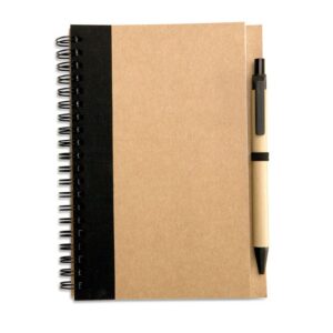 Cuaderno ecológico con bolígrafo, ideal para regalos publicitarios personalizados con logo en eventos y promociones empresariales.