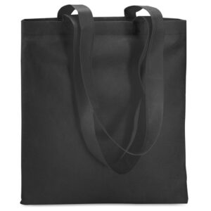Bolsa de tela negra personalizada con logo, ideal para promociones, eventos y regalos publicitarios para empresas.