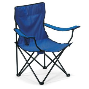 Silla plegable azul personalizada con logo, ideal para promociones, eventos y regalos publicitarios para empresas.