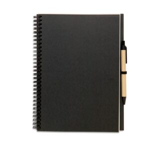 Cuaderno espiral negro personalizado con logo, ideal para regalos publicitarios en eventos, promociones y marketing empresarial.