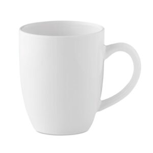 Taza blanca personalizada con logo, ideal para regalos publicitarios en empresas, promociones y eventos.