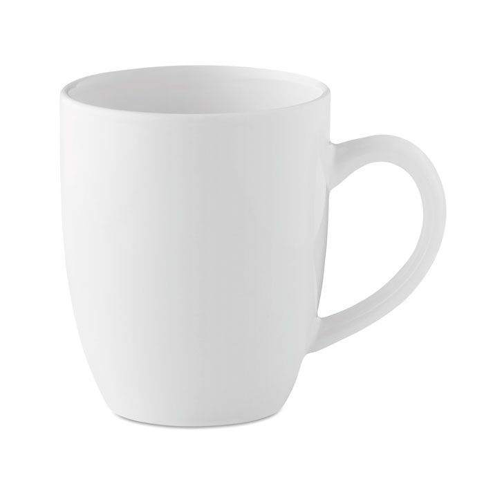 Taza blanca personalizada con logo, ideal para regalos publicitarios en empresas, promociones y eventos.