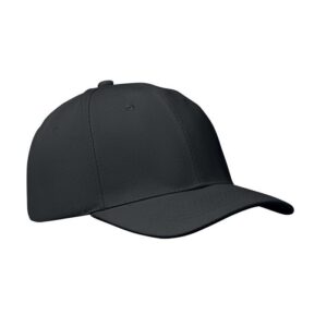 Gorra negra personalizada con logo, ideal para regalos publicitarios en eventos, promociones y marketing empresarial.