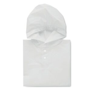 Chaqueta blanca con capucha, ideal como regalo publicitario personalizado para empresas y eventos, con espacio para logo.