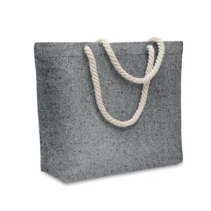Bolsa de tela gris con asas de cuerda, ideal para regalos publicitarios personalizados con logo en eventos y promociones.
