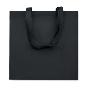 Bolsa de tela negra personalizada con logo, ideal para promociones, eventos y regalos publicitarios de empresas.