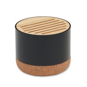 Soporte de madera y corcho para altavoces, ideal como regalo publicitario personalizado para empresas y eventos promocionales.