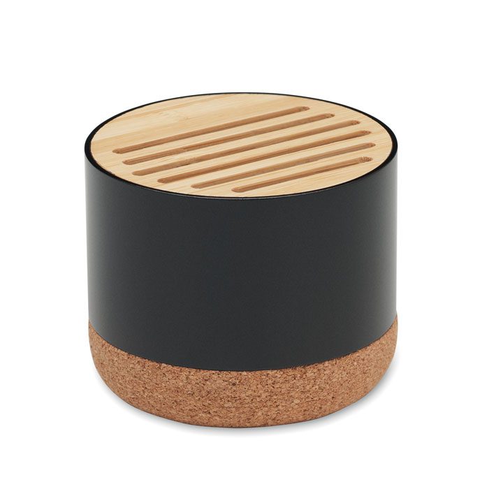 Soporte de madera y corcho para altavoces, ideal como regalo publicitario personalizado para empresas y eventos promocionales.