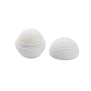 Bálsamo labial en forma de pelota de golf, ideal como regalo publicitario personalizado para eventos y promociones empresariales.