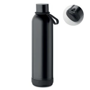 Botella de agua personalizada en color negro, ideal para promociones y eventos corporativos con logo de empresa.