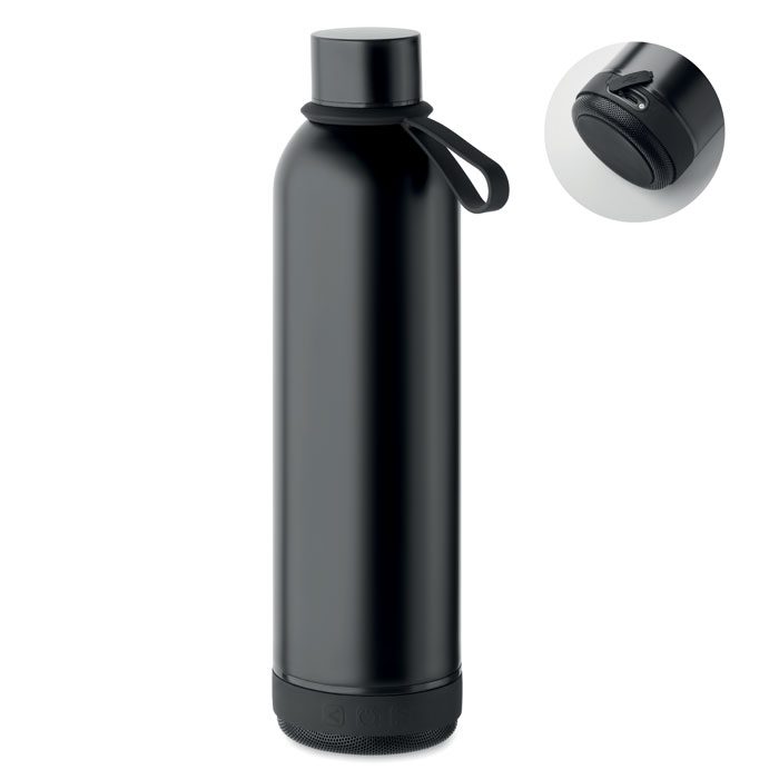 Botella de agua personalizada en color negro, ideal para promociones y eventos corporativos con logo de empresa.