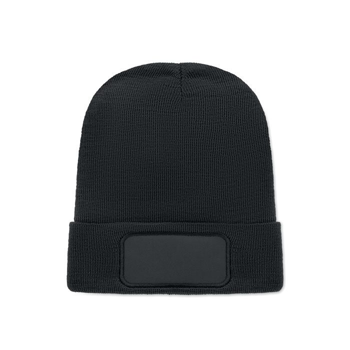 Gorro negro personalizado con logo ideal para regalos publicitarios en empresas, promociones y eventos.