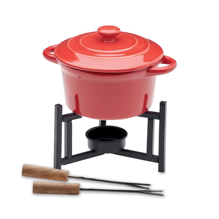 Olla de fondue roja personalizada para promociones de empresas, ideal como regalo publicitario en eventos y ferias.