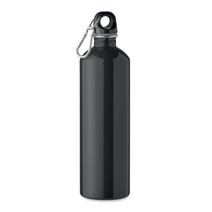 Botella de acero inoxidable negra personalizada con logo ideal para promociones, eventos y regalos publicitarios para empresas.