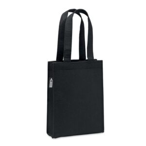 Bolsa de tela negra personalizada con logo, ideal para promociones, eventos y publicidad de empresas. Regalo práctico y visible.