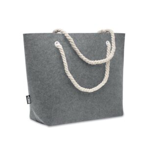 Bolsa de tela gris con asas de cuerda, ideal para regalos publicitarios personalizados con logo en eventos y promociones.